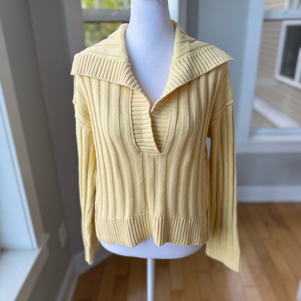 Hippie Rose Butter Yellow Ribbed Polo Collared V Neck Cropped Sweater Sz Medium